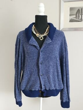 Weimann Strickmoden Blue and White Marled Ribbed Knit Cardigan. SIZE 48/50?